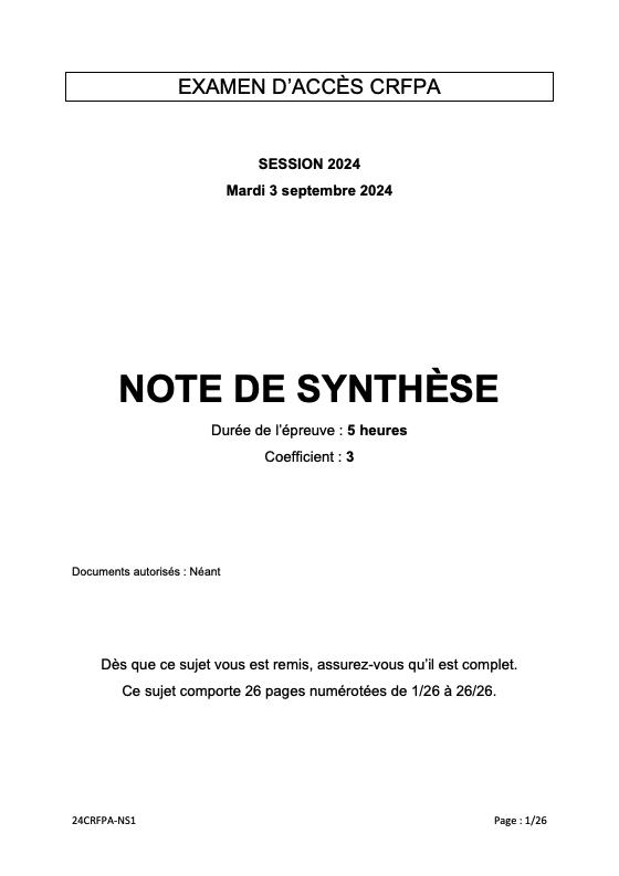Sujet de la note de synthèse CRFPA 2024