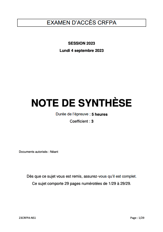 Note de synthèse - CRFPA 2023