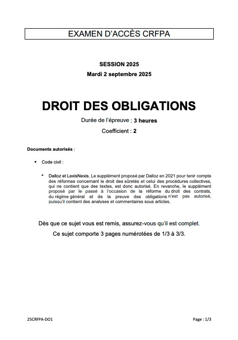 Annale PDF CRFPA 2025 Droit des obligations