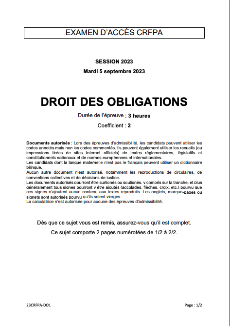 Annale PDF CRFPA 2023 Droit des obligations
