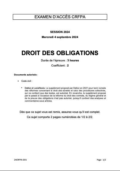 Annale PDF CRFPA 2024 Droit des obligations