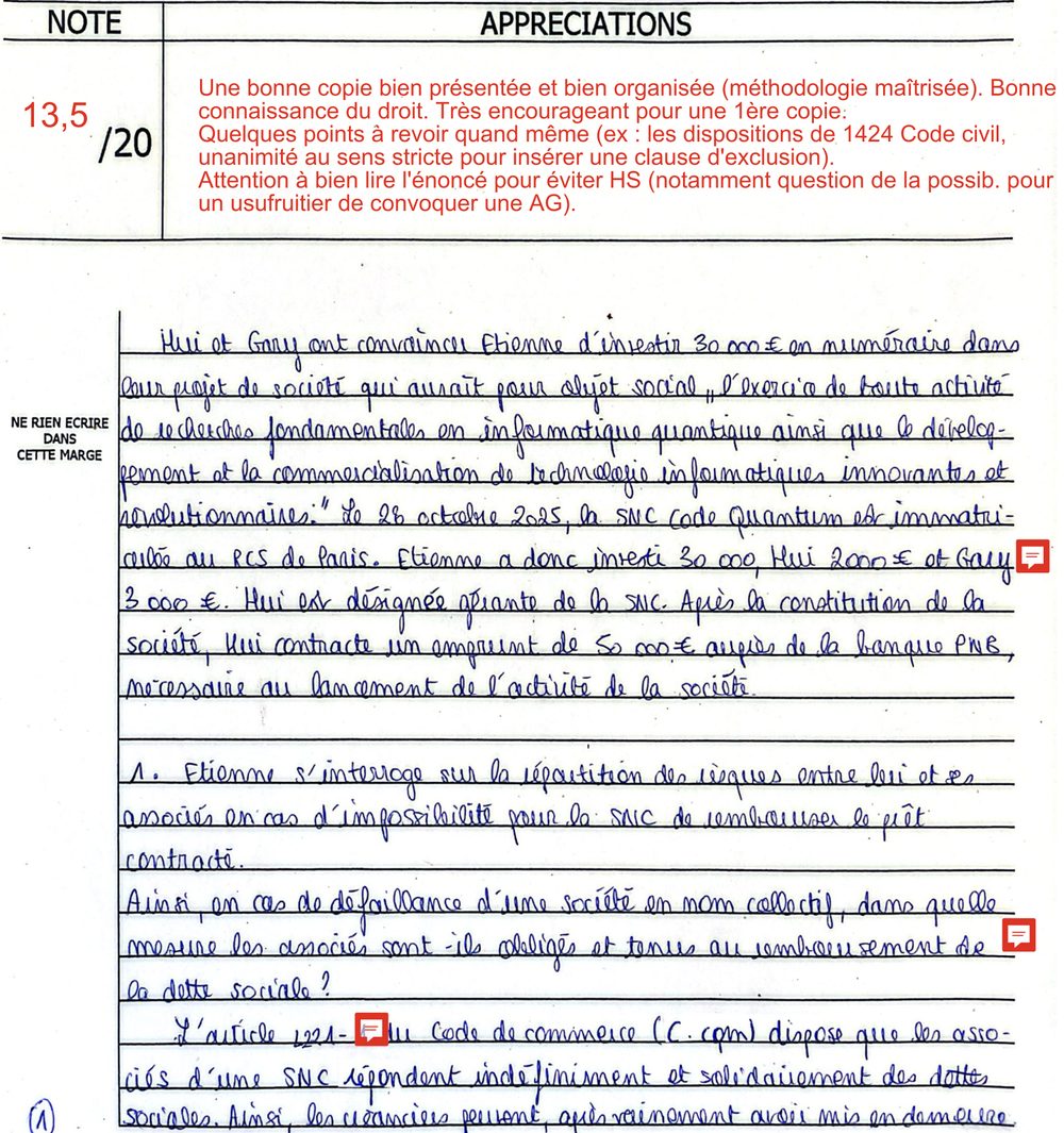 Première page d'une copie d'examen blanc de droit des affaires corrigée par Cap'Barreau : appréciations du correcteur et note 13,5/20